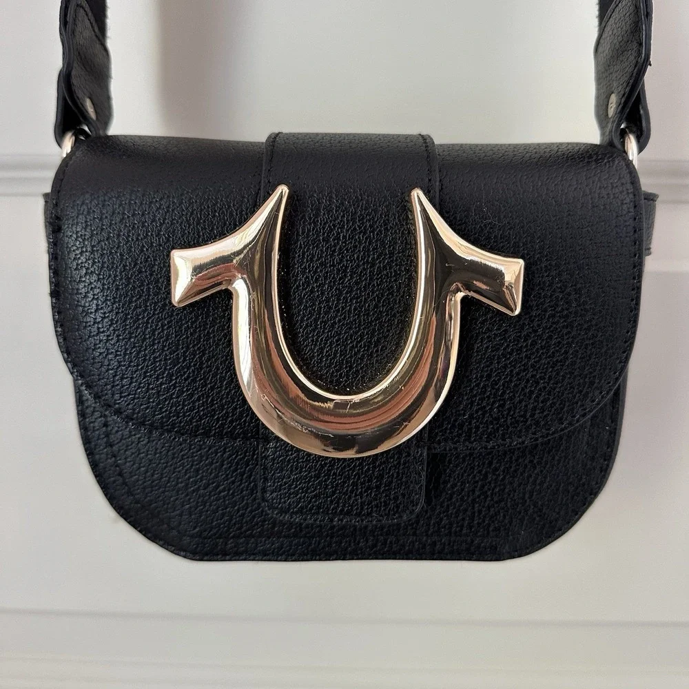 TRUE RELIGION Mini Flap Logo Crossbody Bag Black Gold Horseshoe Adjustable Strap